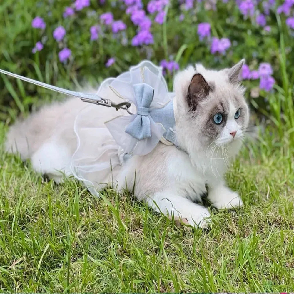 Pet Accessories Princess Style Cat Harness Leash Adjustable Nylon Cat Vest Breathable with Bowknot Pet Chest Strap For Cats Dogs