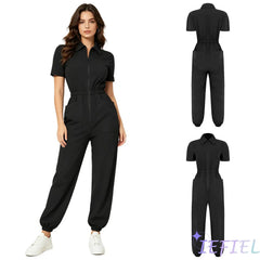 Womens Short Sleeve Scrubs Jumpsuit Front Zipper Elastic Waist Jogger Pants Rompers Nurse Doctor Workwear for Caring Nursing