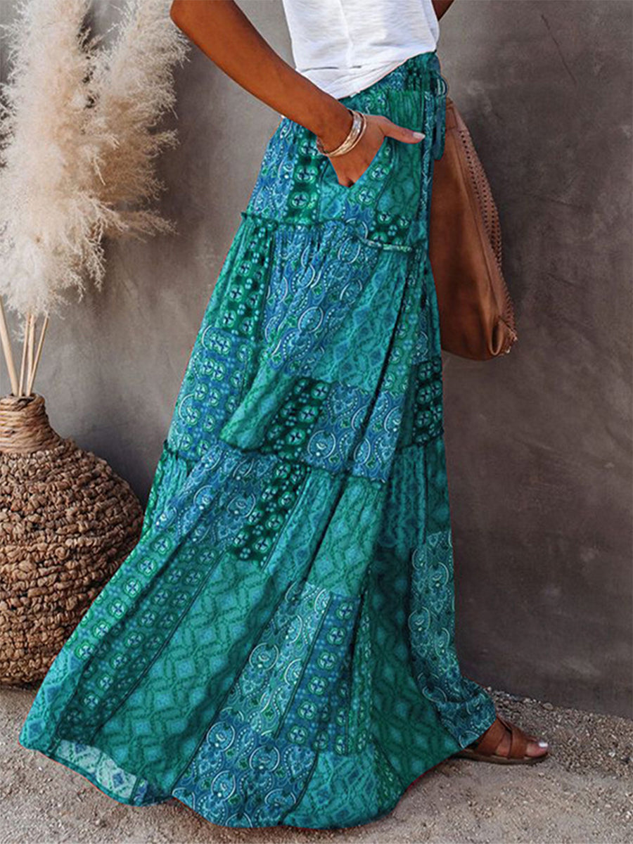 Women's Bohemian Skirts Vintage Elastic High Waist A-Line Skirts Tiered Long Skirts with Pockets
