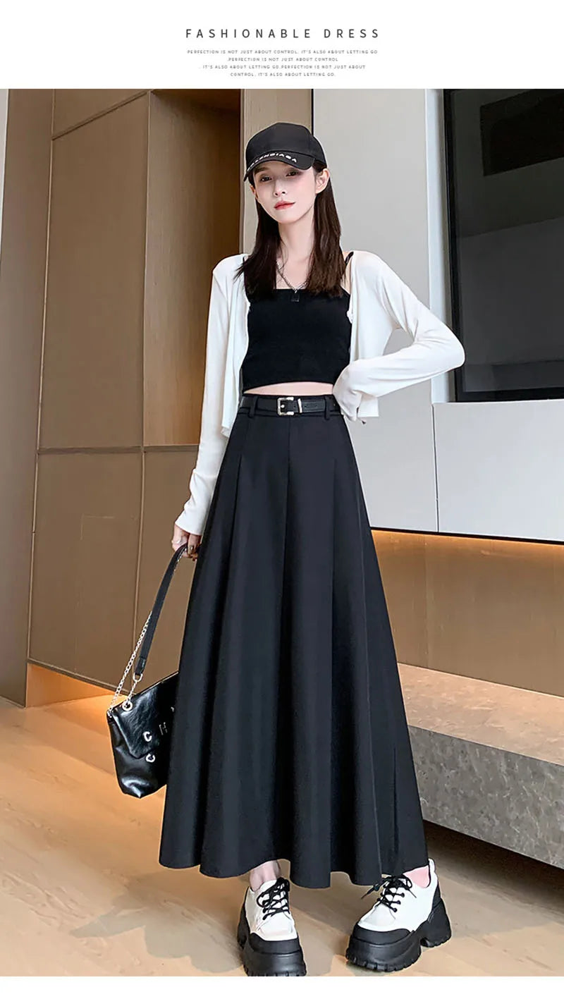 Elegant Skirts for Women Korean Style Long Skirt Female Black Pleated Midi Skirt Women's Clothing Office Lady Skirts Outfits New