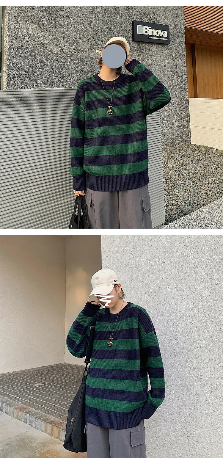 Striped Knitted Sweater Men Women Vintage Tate Langdon Loose Sweaters Harajuku Green Warm Autumn Jumper Pullover Unisex Casual