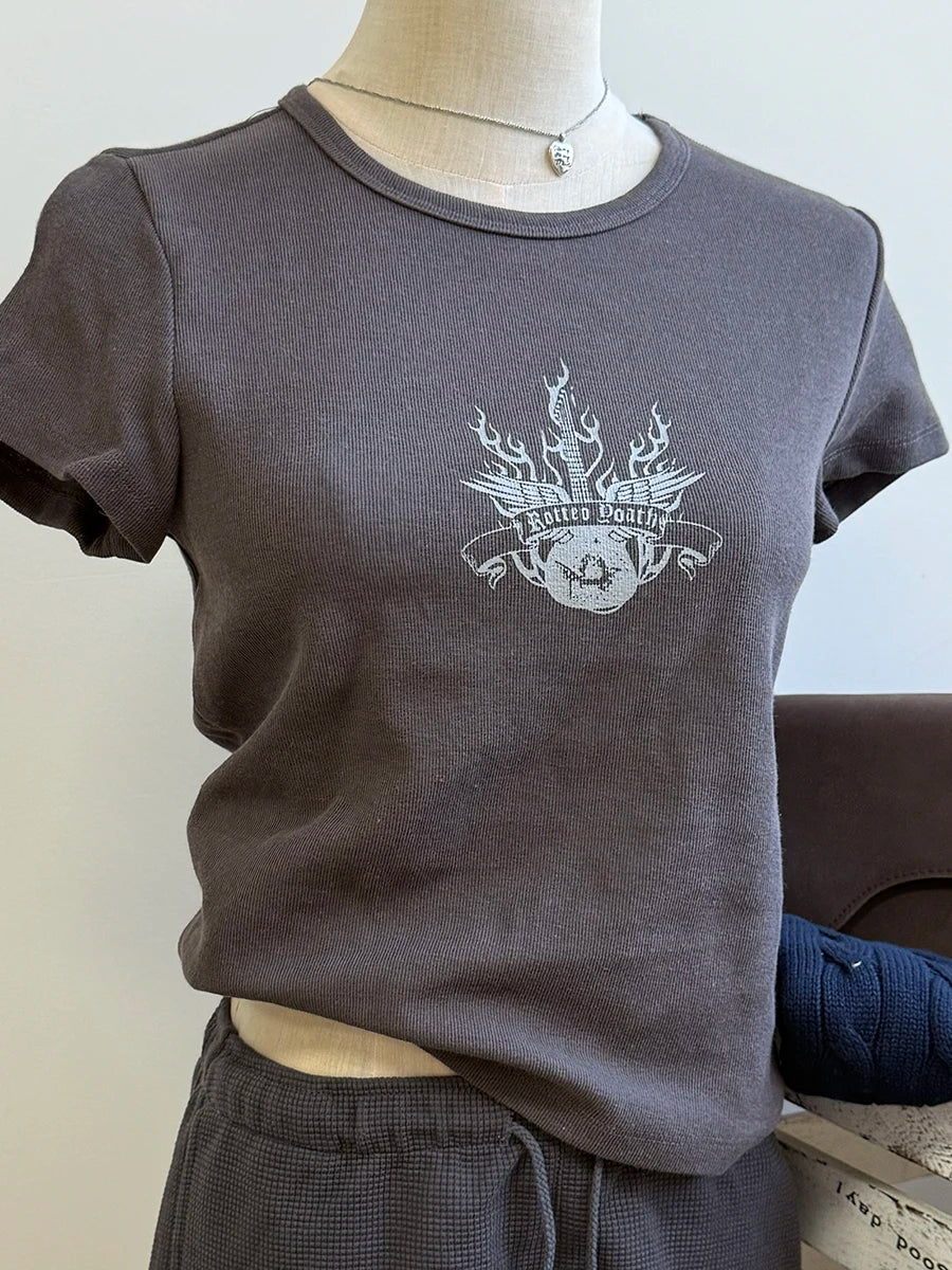 Letter Print Ribbed T-shirts Women Summer Casual Simple Cotton Soft Short Sleeve Tees Vintage Chic Slim Y2K Tshirts