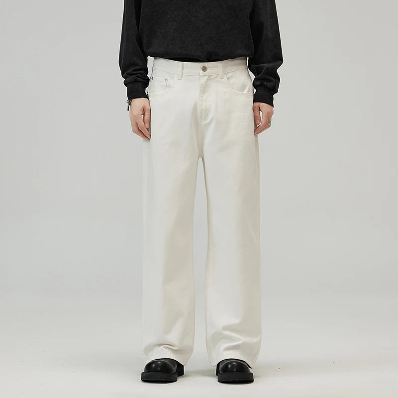 100％ Cotton Men's Baggy Straight Jeans Comfortable Soft Casual Pants Fashion Korean White Brown Denim Trousers Male Clothing