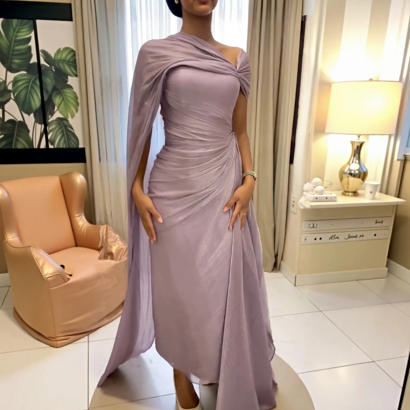 Lilac Draped One Shoulder Evening Gown