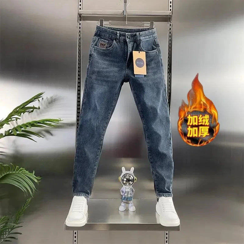 Thick Jeans Men's Slim Fit Spring Autumn Winter Casual Long Pants Cotton Stretch Denim mid Waist Zipper Closure Wear Resistant