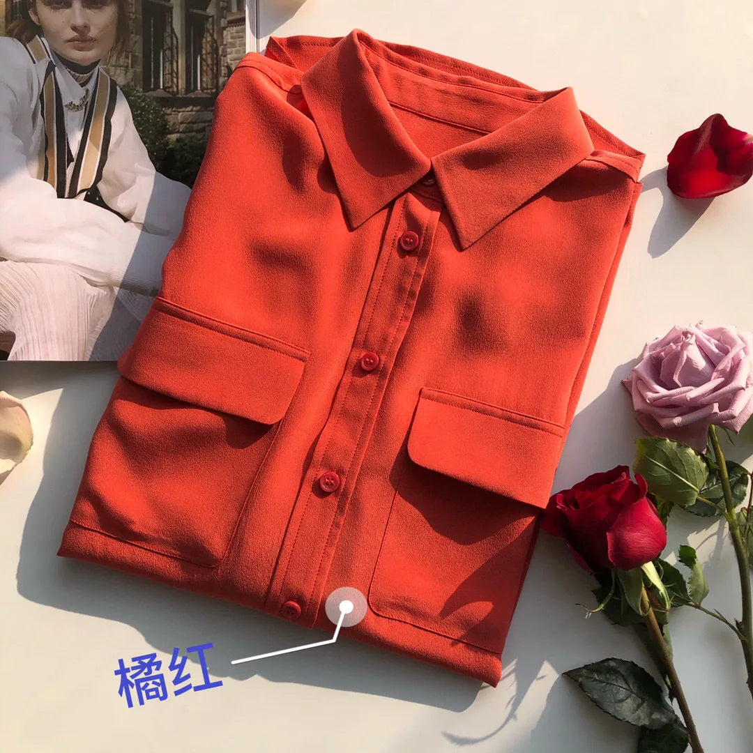 Women Real Silk Shirts Classic Double Pockets Solid Color Casual Fashion Long Sleeve Thin Shirt Blouses Tees