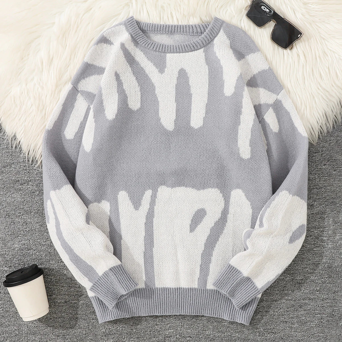 Geometric Knit Contrast Pullover Sweater