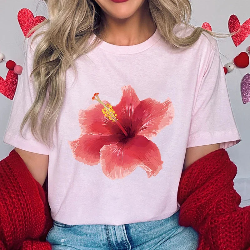Pink Hibiscus Casual Y2K Tee