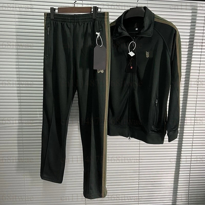 Unisex Embroidery Track Suit Striped Tape Zip‑Up Jacket Pants Set Casual Sportswear Outfit Long Sleeve Athletic Tracksuit Set