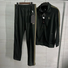 Unisex Embroidery Track Suit Striped Tape Zip‑Up Jacket Pants Set Casual Sportswear Outfit Long Sleeve Athletic Tracksuit Set