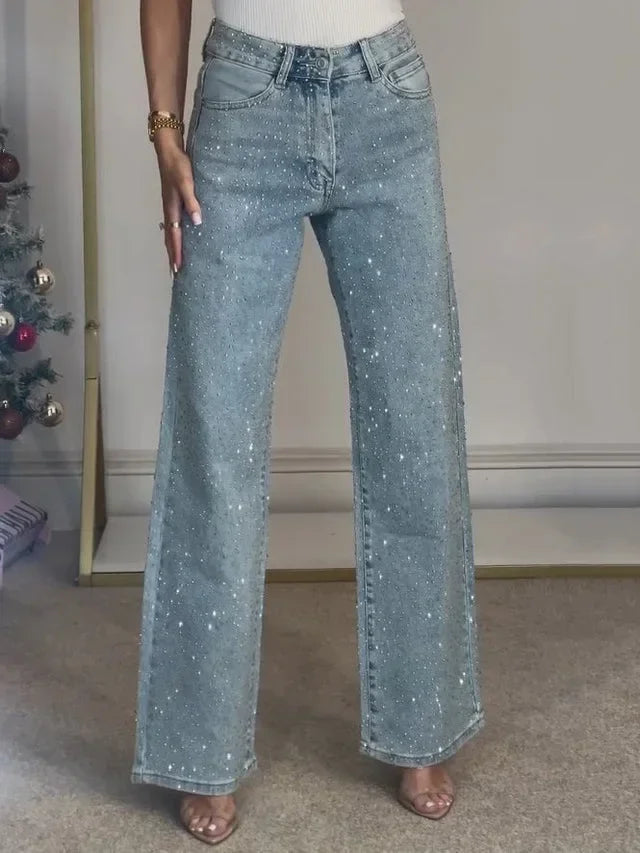 2025 Women Jeans Straight Diamonds Pants Stretch High Waist Washed Mom Jeans Y2k Streetwear Trousers Vintage Denims Streetwear