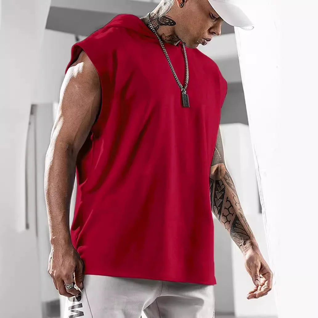 2026 Men Tank Top  Fitness Training Pullover Leisure Fashion Sleeve Men's Hooded Vest Solid Color Tank Tops For Male