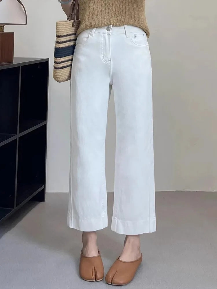 Women High Waist Wide Leg Pants Casual Loose Trousers Summer Solid Color Straight Fit Pocketed Ankle-Length Jeans