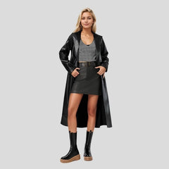 Fashion Turn Down Collar Pu Coat Work Street Wear Tight Waist Jacket Outerwear Women Mid Length Coats Faux Leather Jackets