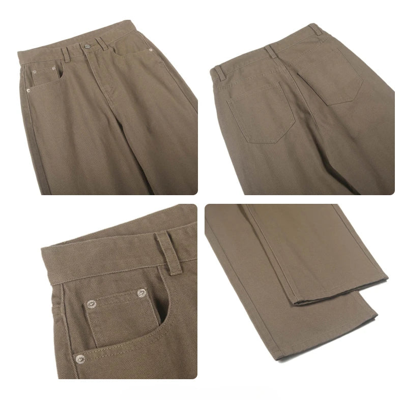 100％ Cotton Men's Baggy Straight Jeans Comfortable Soft Casual Pants Fashion Korean White Brown Denim Trousers Male Clothing
