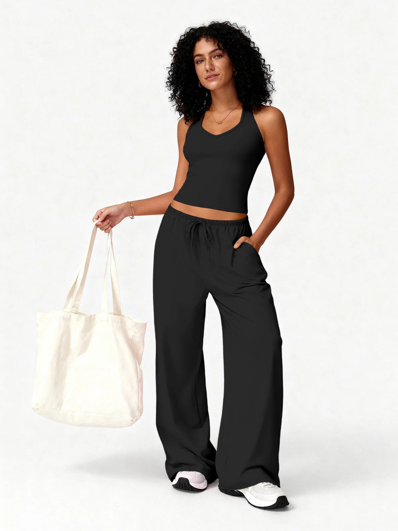 Women 2 Piece Yoga Outfit Ribbed Halter Crop Tank Top Drawstring Wide Leg Pants Set Casual Workout Gym Loungewear Tracksuit