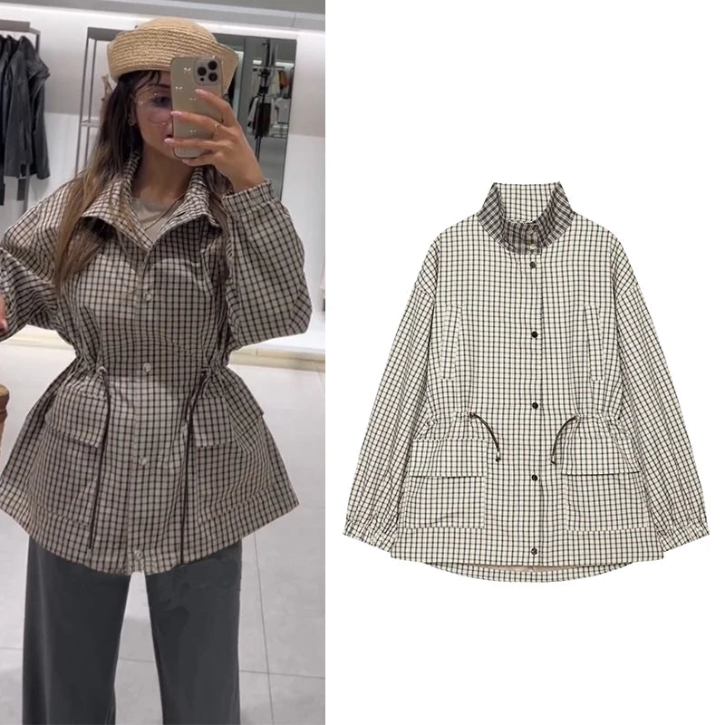 Women's Coat 2026 New Autumn Gray Plaid Long Sleeve Loose Drawstring Decorative Coat Casual Fashion Personal Ladies Outerwear
