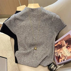 Knitted 2025 New Basic Sweaters Fashion Women Turtleneck Solid Thin Short Sleeve Slim Pullovers Streetwear Bodycon Sweater