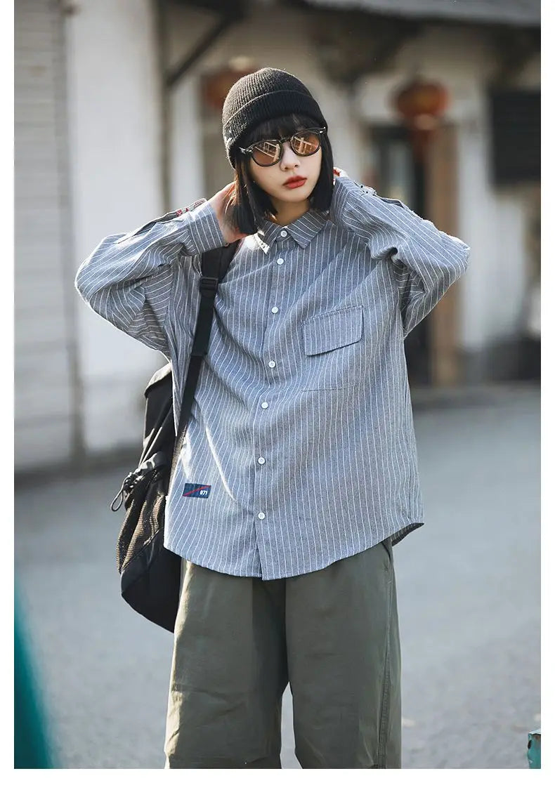 Retro Striped Workwear Shirt Women