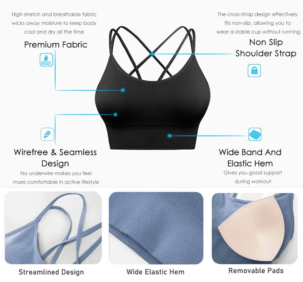 1Pcs Women Sports Bras Seamless Criss Cross Back Sexy Padded Fitness Yoga Vest Gym Running Crop Top Breathable Beauty Bras