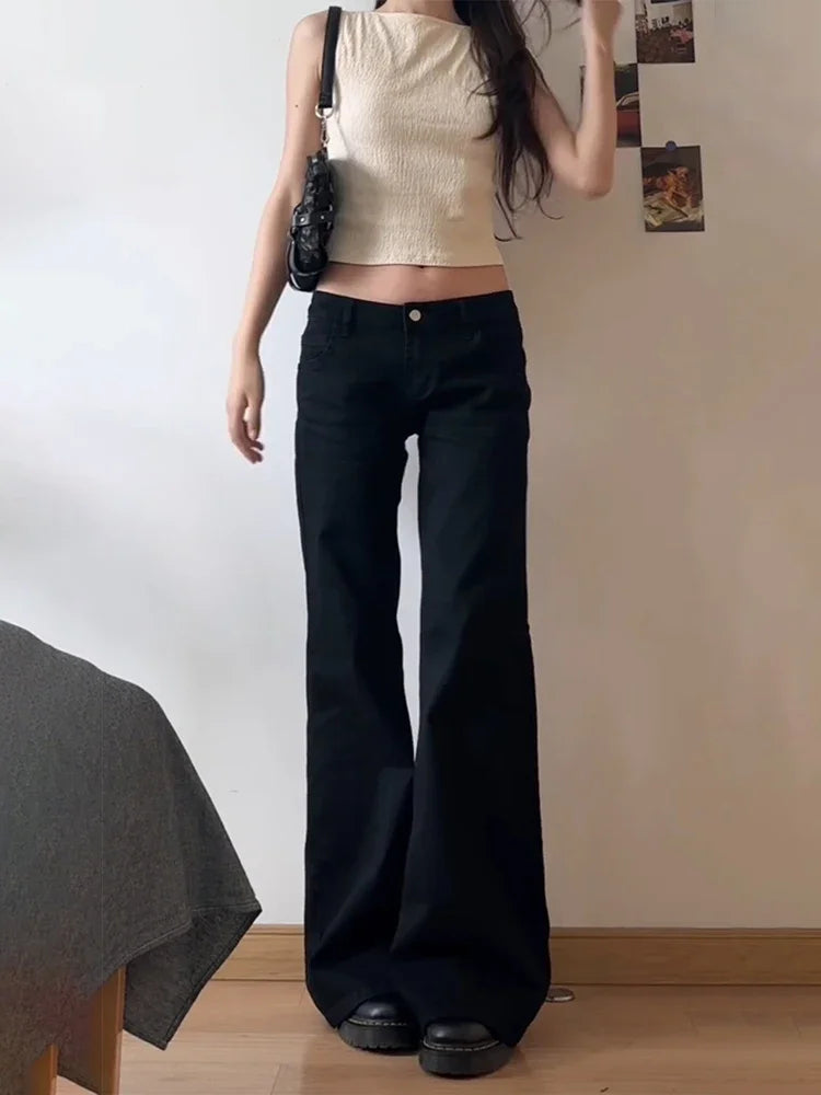 Women Low Waist Flared Jeans Retro Style Blue Black Micro Flare Pants Loose Straight Wide Leg Jeans Female Spring Fashion