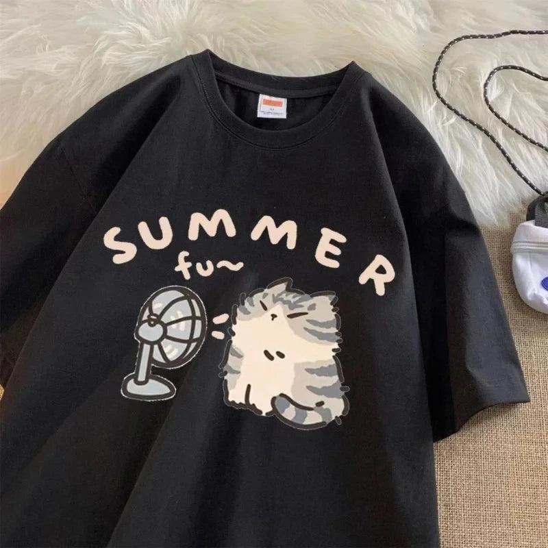 Minimalist Cat Print Casual Tee