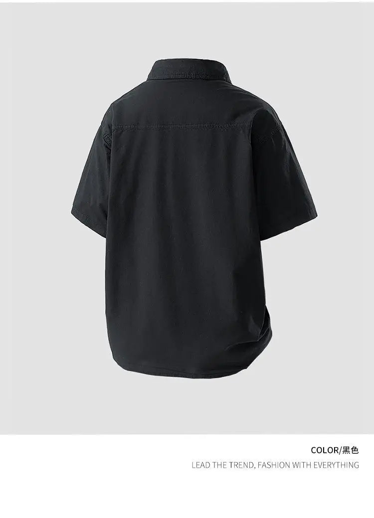 Workwear shirt for men summer loose and casual short-sleeved men American retro lapel coat trendy brand outdoor wear