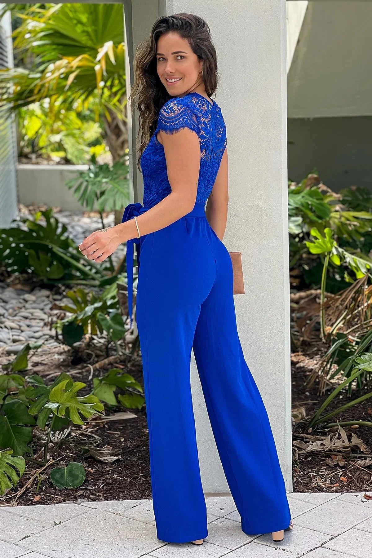 Jumpsuit Women Round Neck Lace Cap Sleeve Waist Tie Solid Wide Leg Elegant Party Wedding Guest Rompers