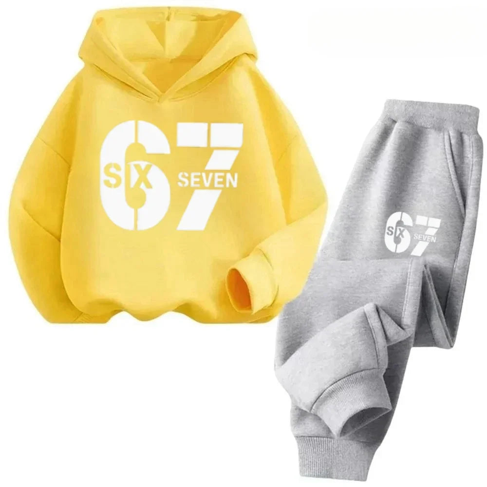 67 Hoodie Set Big Sale, 2-piece Set Suitable for Children Aged 4 To 13, Discounted Cartoon Printed Cotton Sportswear
