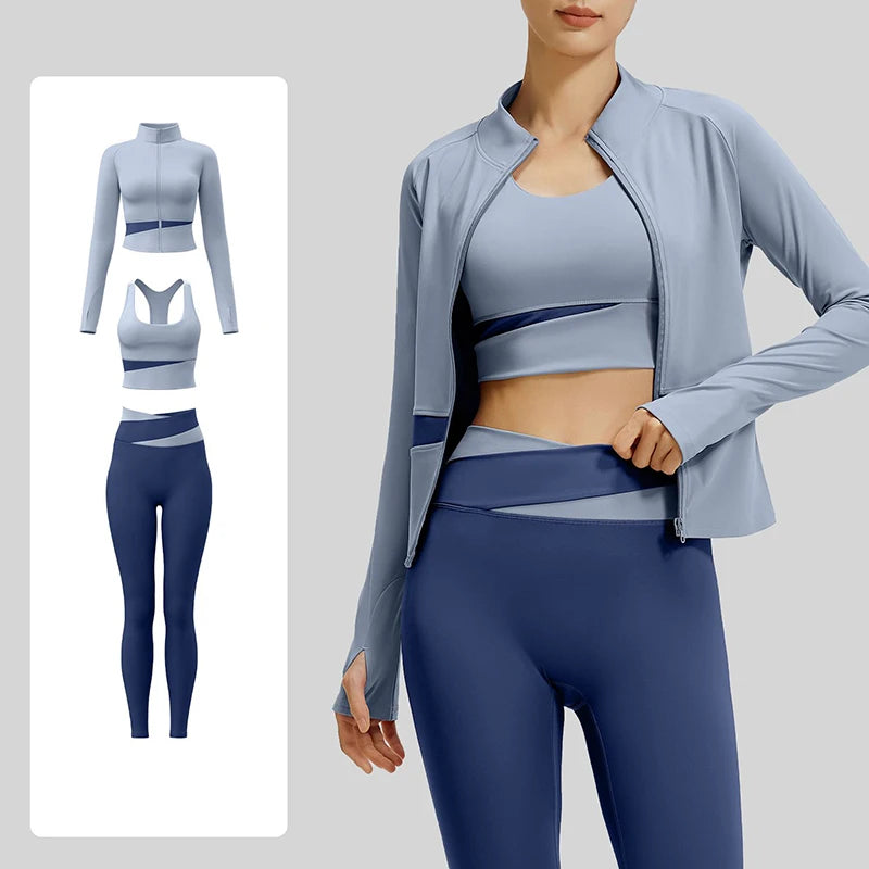 Women's Color Block 3 Piece Yoga Set with Thumb Hole Running Waist Cincher Slim Fit Workout Set Lightweight Pilates Clothes