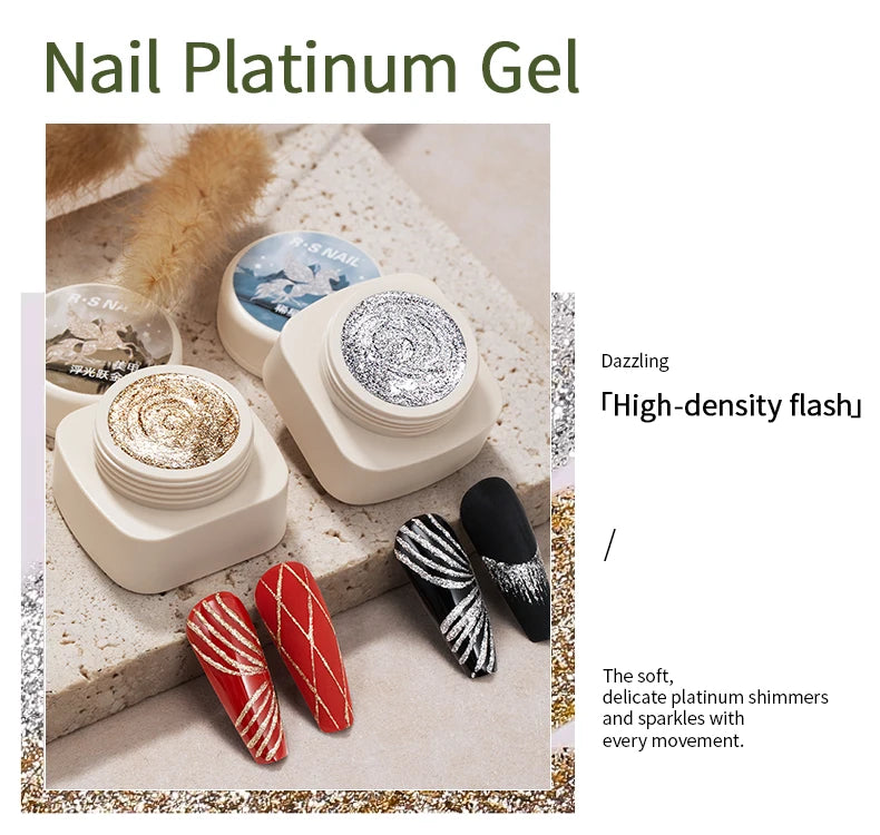 RSNAIL 5g No-Wipe Platinum Gel Nail Polish for Summer Reflective Sparkle Metallic Golden Silvery Drawing Liner Manicure Varnish