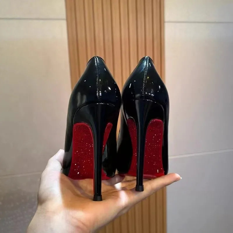 High Heels Women's Slim Heels New Stunning and Sexy Wedding Shoes Black Patent Pointed Single Shoes High Heels Туфли Женские