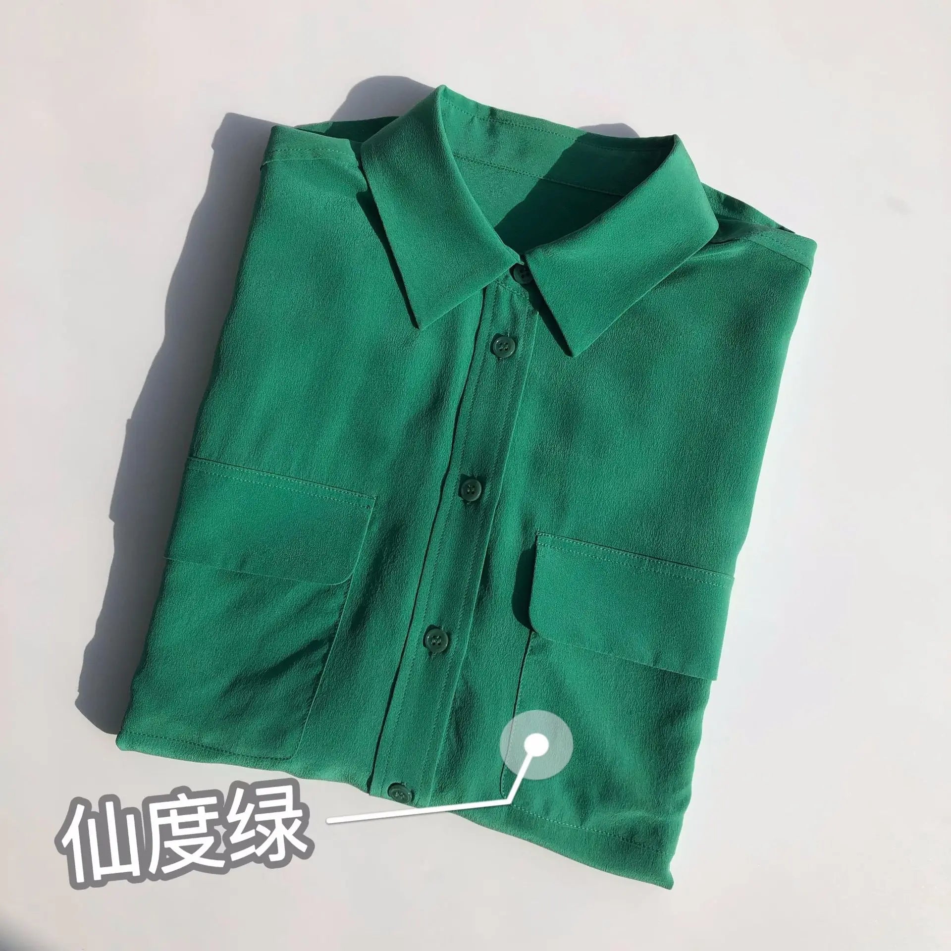 Women Real Silk Shirts Classic Double Pockets Solid Color Casual Fashion Long Sleeve Thin Shirt Blouses Tees
