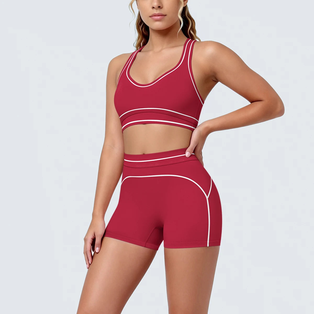 New Woman Yoga Set Color Blocking Sexy Sport Bra Yoga Underwear with Chest Pad High Waist Stripe Running Fitness Shorts Yoga Set