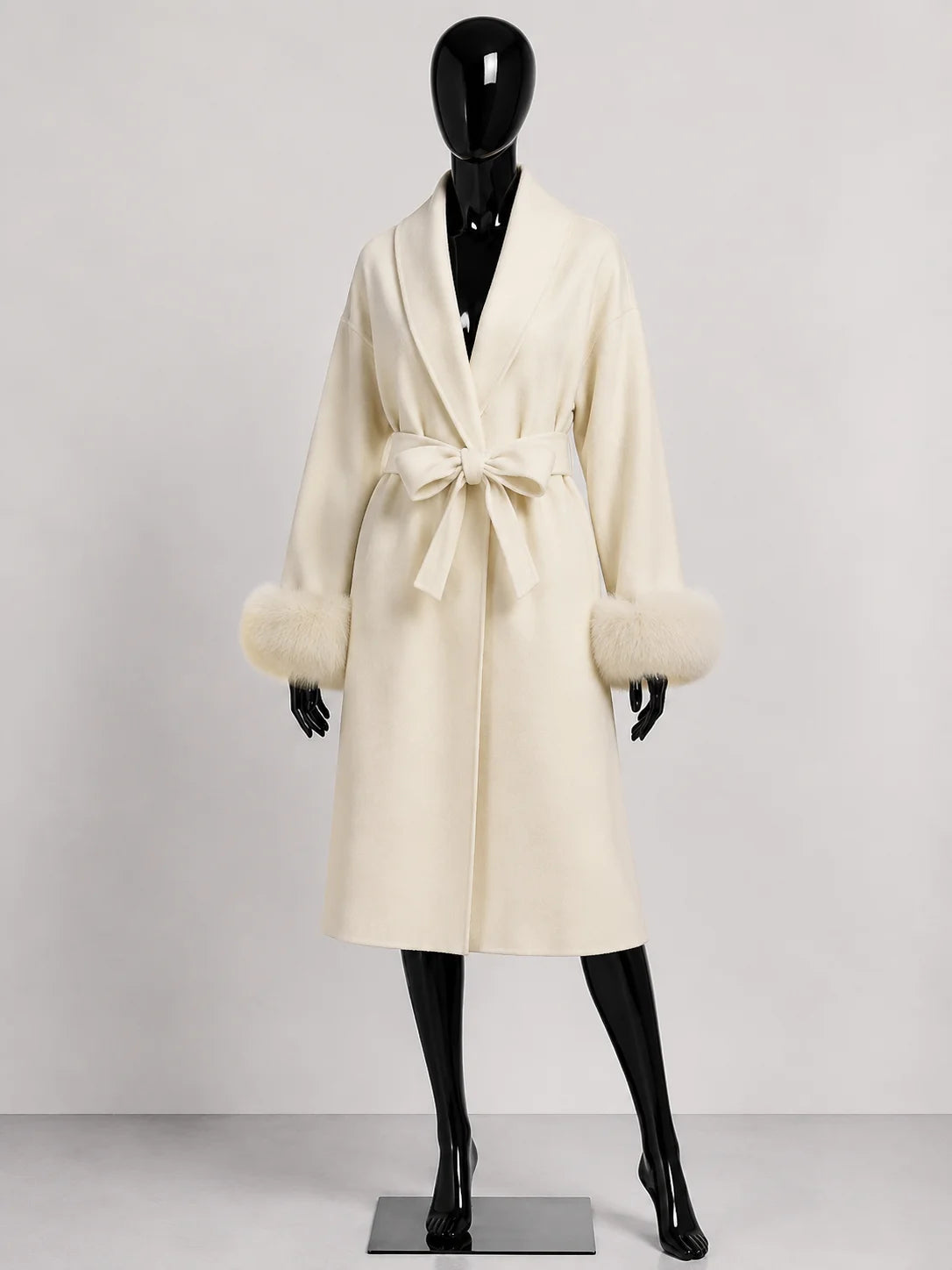 Women's Wool Coat with Fur Cuffs Minimalist Soft Wool High Fashion Belted Winter Fur Trim Coat Old Money Style Natural Fur Coat