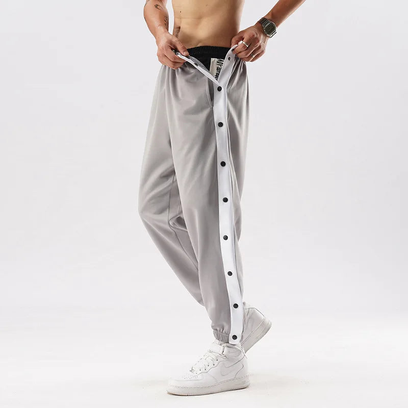 Men Jogger Pants Contrast Color Sides Buttons Stretch Workout Long Trousers Casual Sports Sweatpants Streetwear