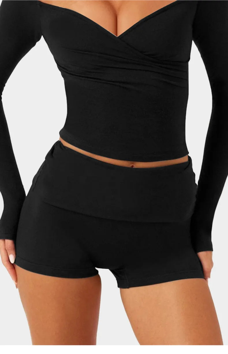 C-B Women's Yoga Set: Long-sleeved V-neck T-shirt & High-waisted Cuffed Shorts & Leggings, Suitable for Gym Workouts.