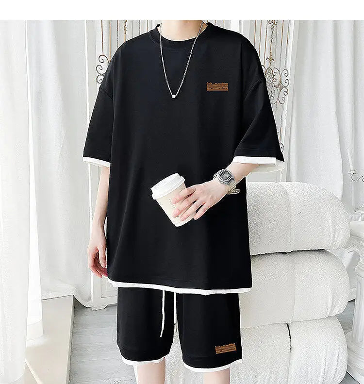 Men's Trendy 2-Piece Streetwear Co-ord Solid Color Short Sleeve T-Shirt And Drawstring Elastic Waist Shorts Set 5XL