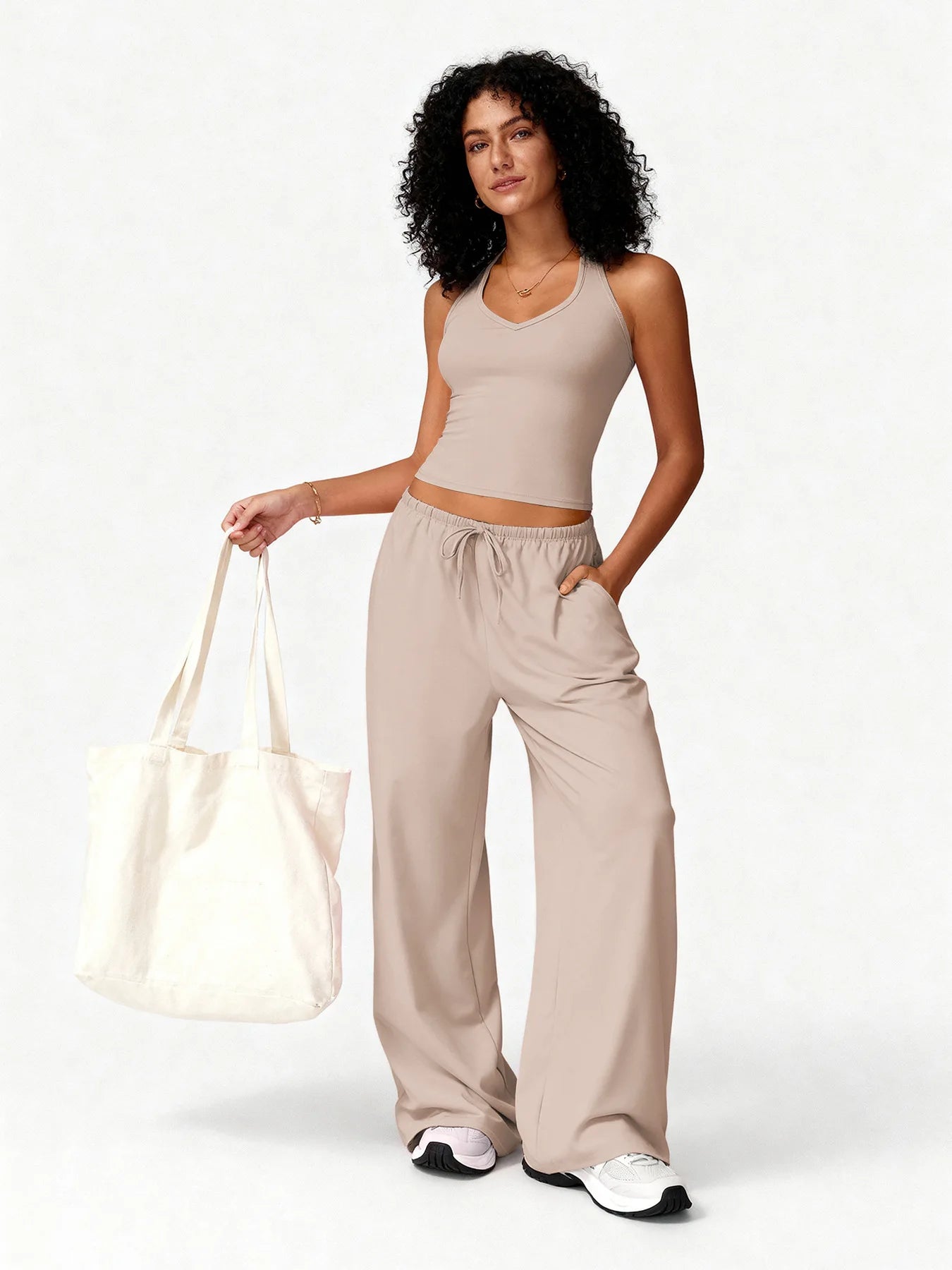 Women 2 Piece Yoga Outfit Ribbed Halter Crop Tank Top Drawstring Wide Leg Pants Set Casual Workout Gym Loungewear Tracksuit