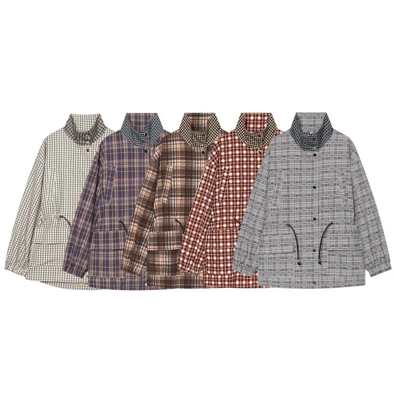 Women's Coat 2026 New Autumn Gray Plaid Long Sleeve Loose Drawstring Decorative Coat Casual Fashion Personal Ladies Outerwear