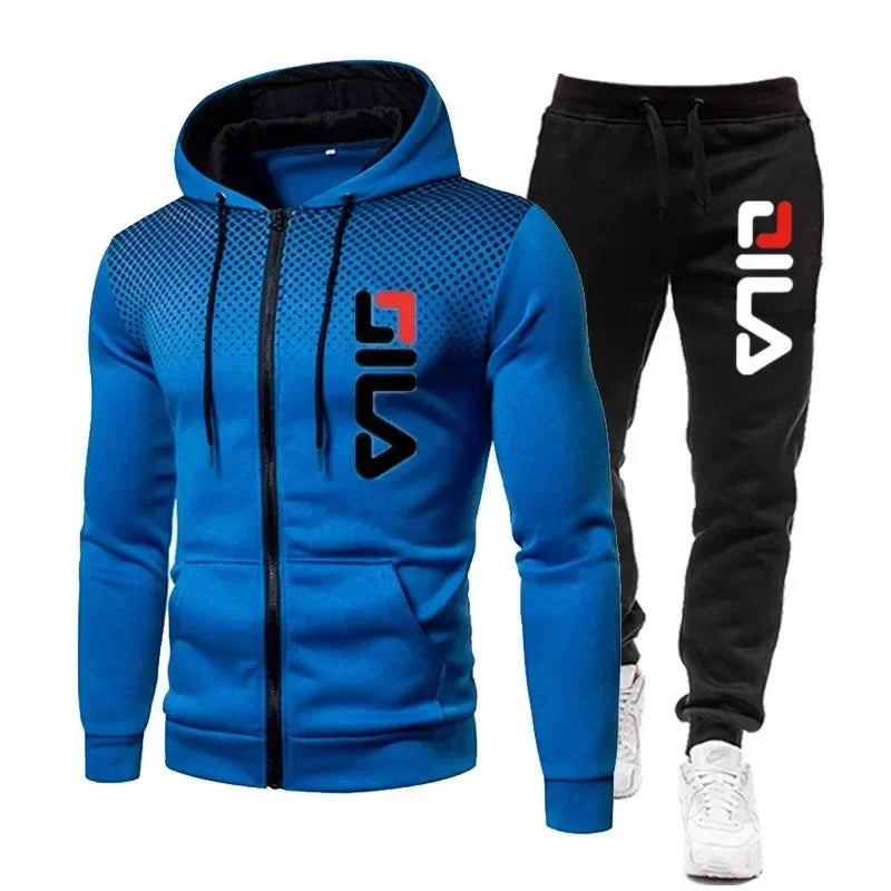 Mens Tracksuits+Sweatpants Two Pieces Suits 2025 Winter Print Zipper Hooded Sweatshirt Casual Fitness Jogging Sports Pants Sets