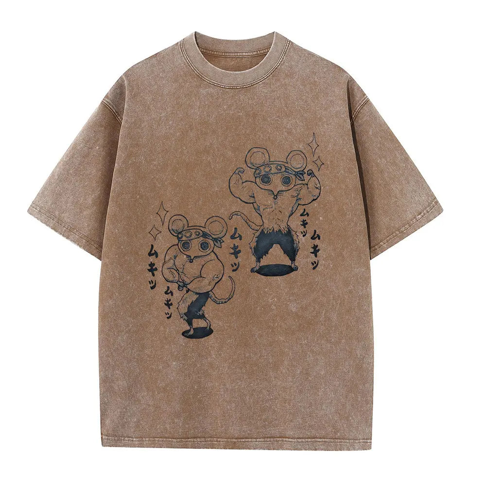 Vintage Washed T-shirts 100% Cotton Gym Muscle Rat Print Crew Neck Tshirts Casual Goth Hip Hop Streetwear Women Men Summer Tee