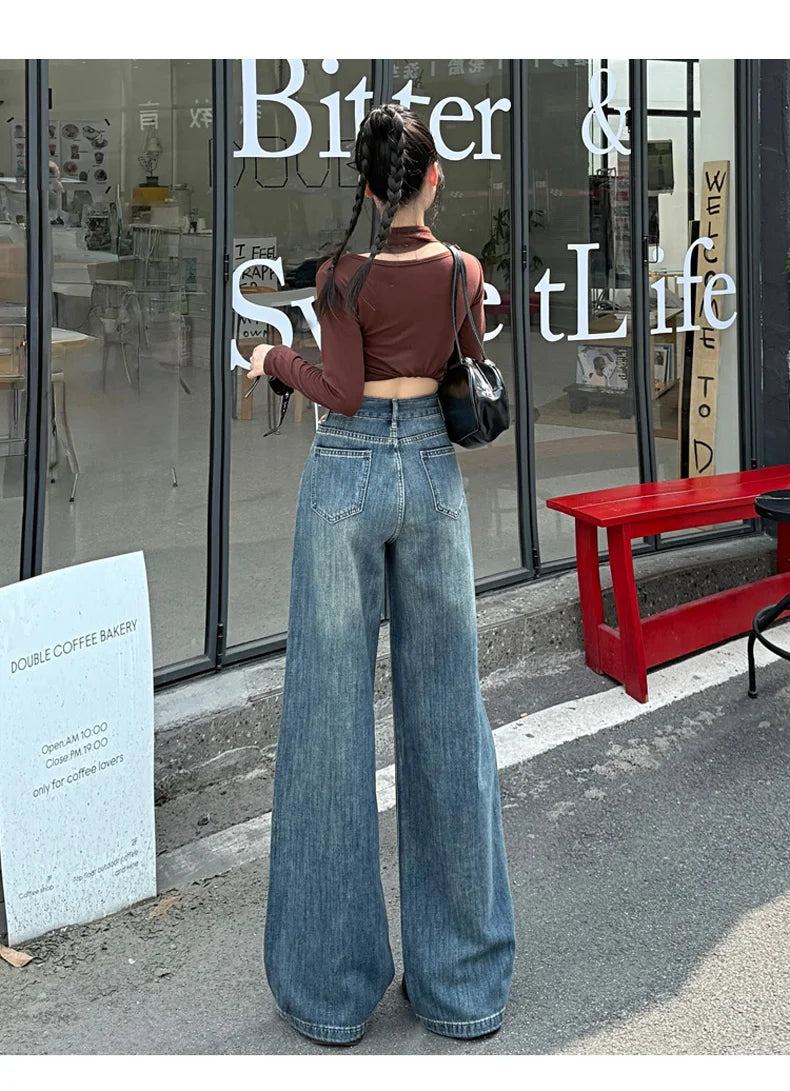 High Waisted Wide Leg Jeans Women Cotton Retro Denim Y2k Loose Fashion Design Sense Pant Streetwear Baggy Straight Trouser Woman