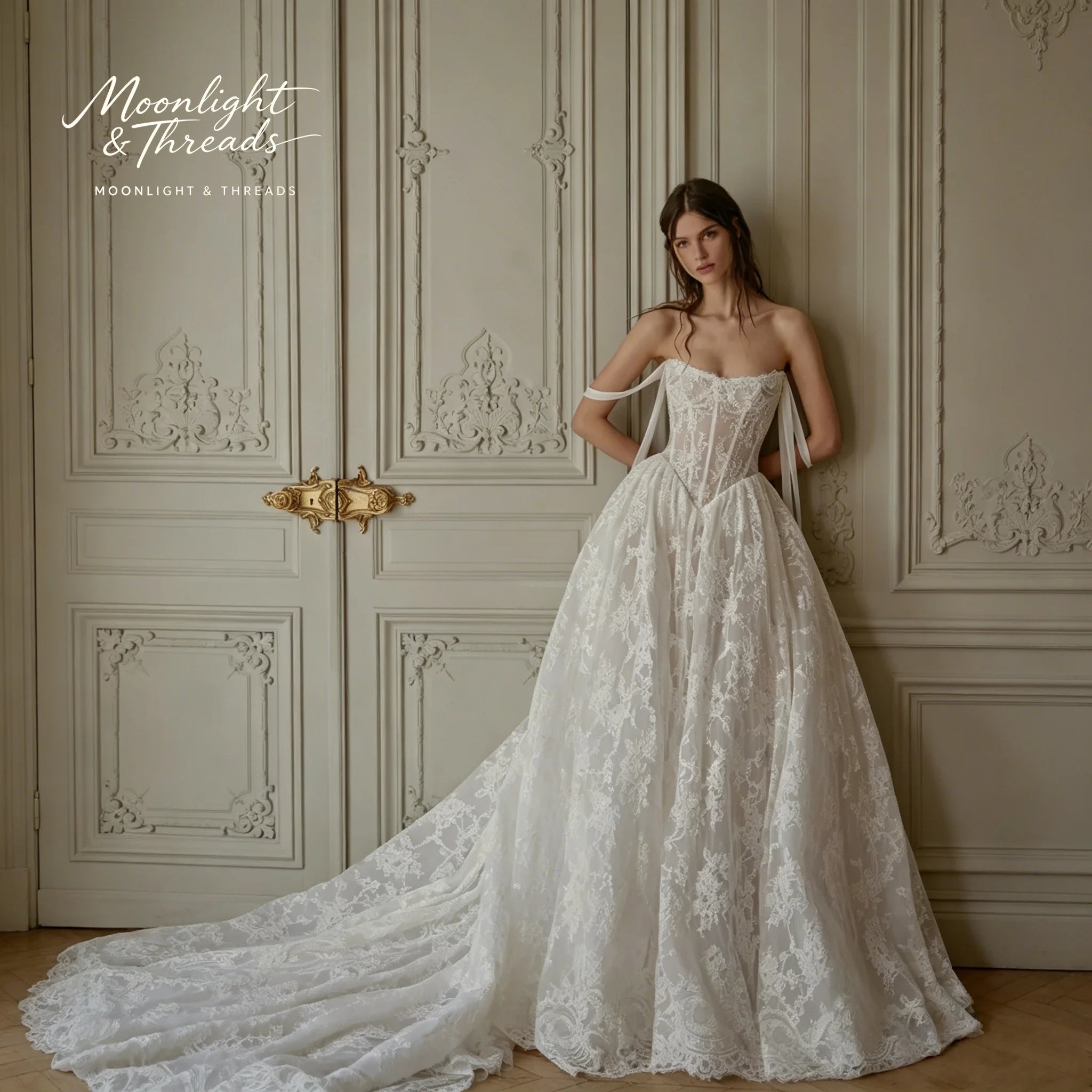 Elegant White Lace Off-The-Shoulder Sleeveless Floor-Length Formal Wedding Dress with Exquisite embroidery