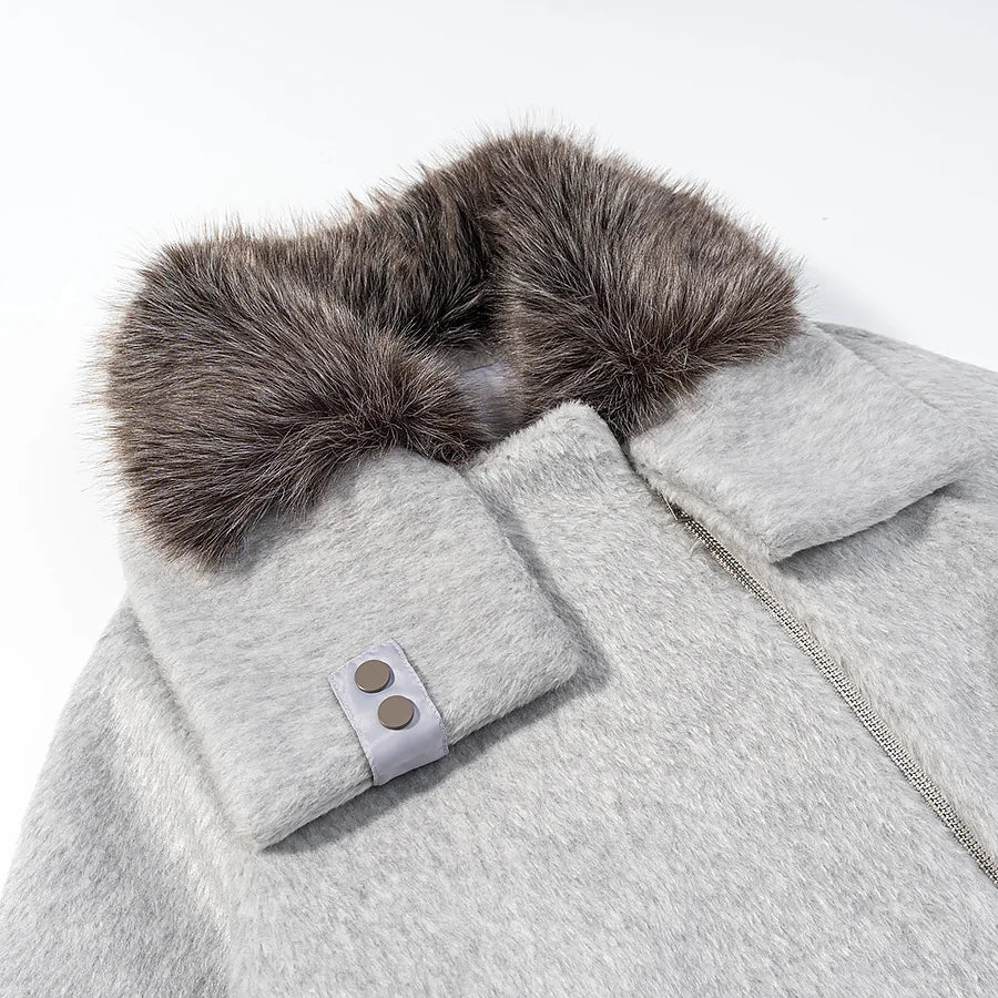 HH Women Fashion Coats Gray Turn-Down Collar Long Sleeves Pockets Decoration Zipper Winter Short Coat Woman Casual Loose Jackets