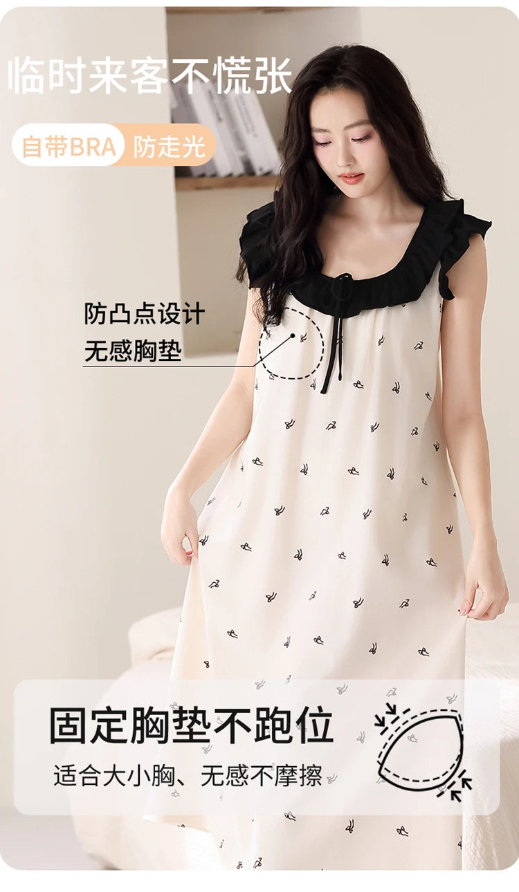 Newest Women Nightdress Female 100% Cotton Nightwear Floral Short Sleeve Sleepdress With Chest Pad