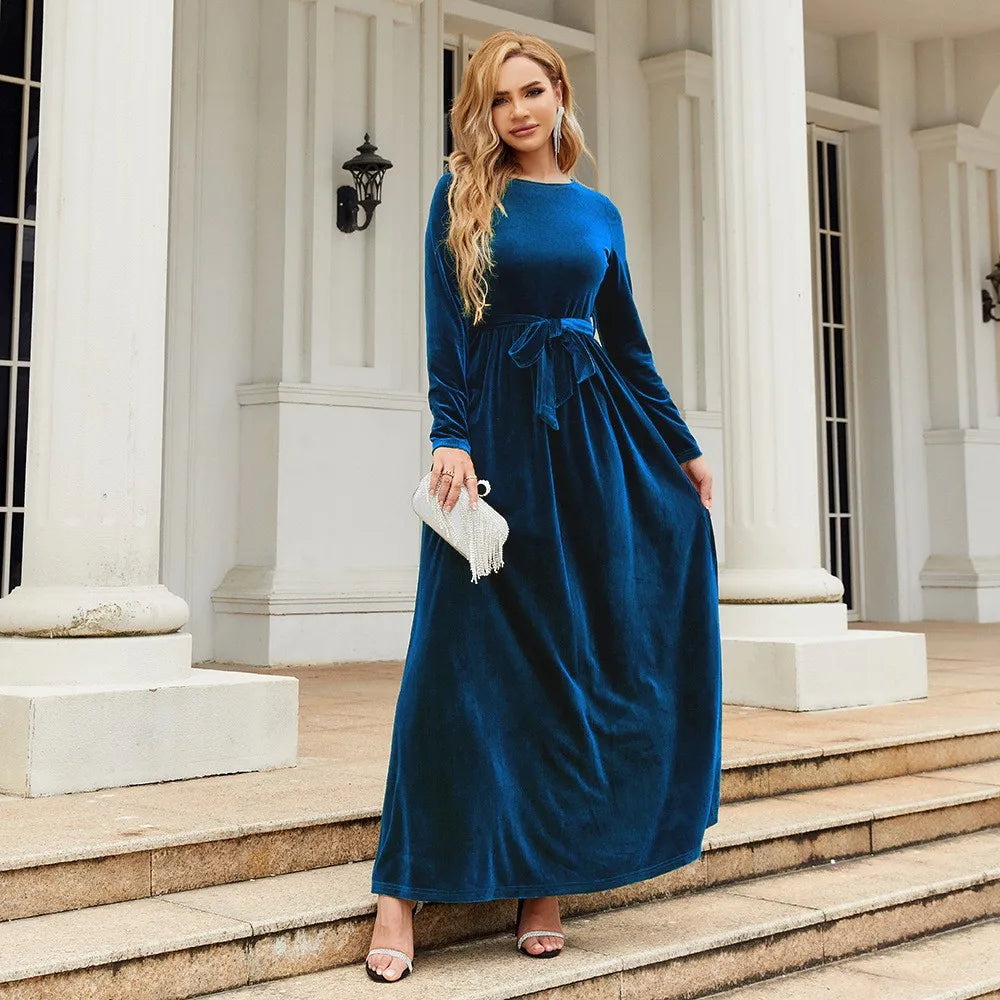Women's Elegant A-Line Velvet Dress for Wedding Guest Prom Party Wedding Party, Long Sleeve Round Neck Belted Full Skirt
