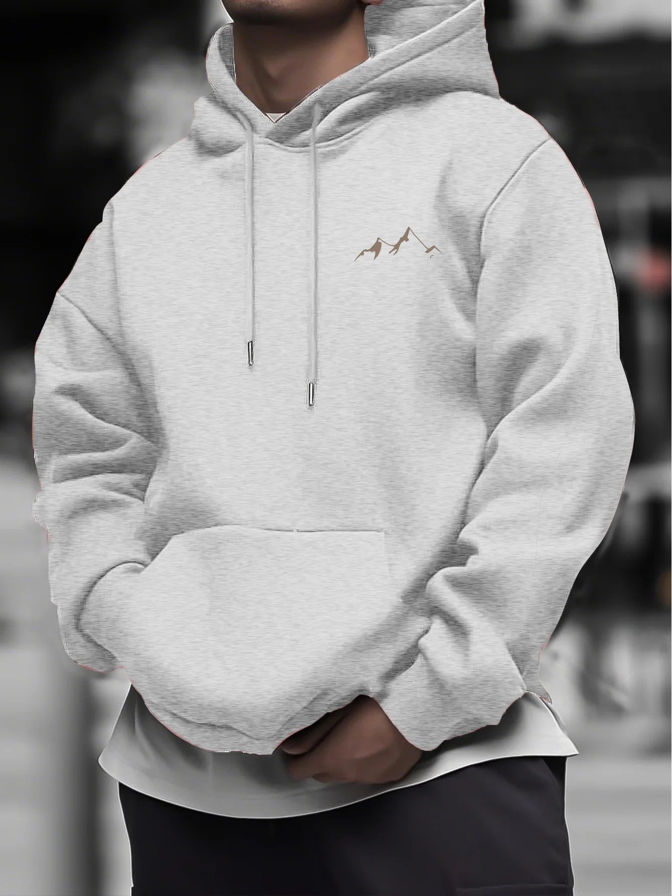 Stylish mountain-inspired minimalist print Men's long-sleeve hoodie, perfect for outdoor activities, suitable for autumn wear