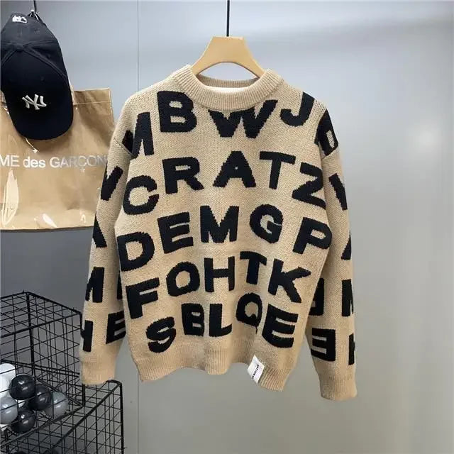Sweater Men's Clothing Winter Full-print Letter Jacquard Loose Thickened Design Round Neck Top Trendy American Style Sweater