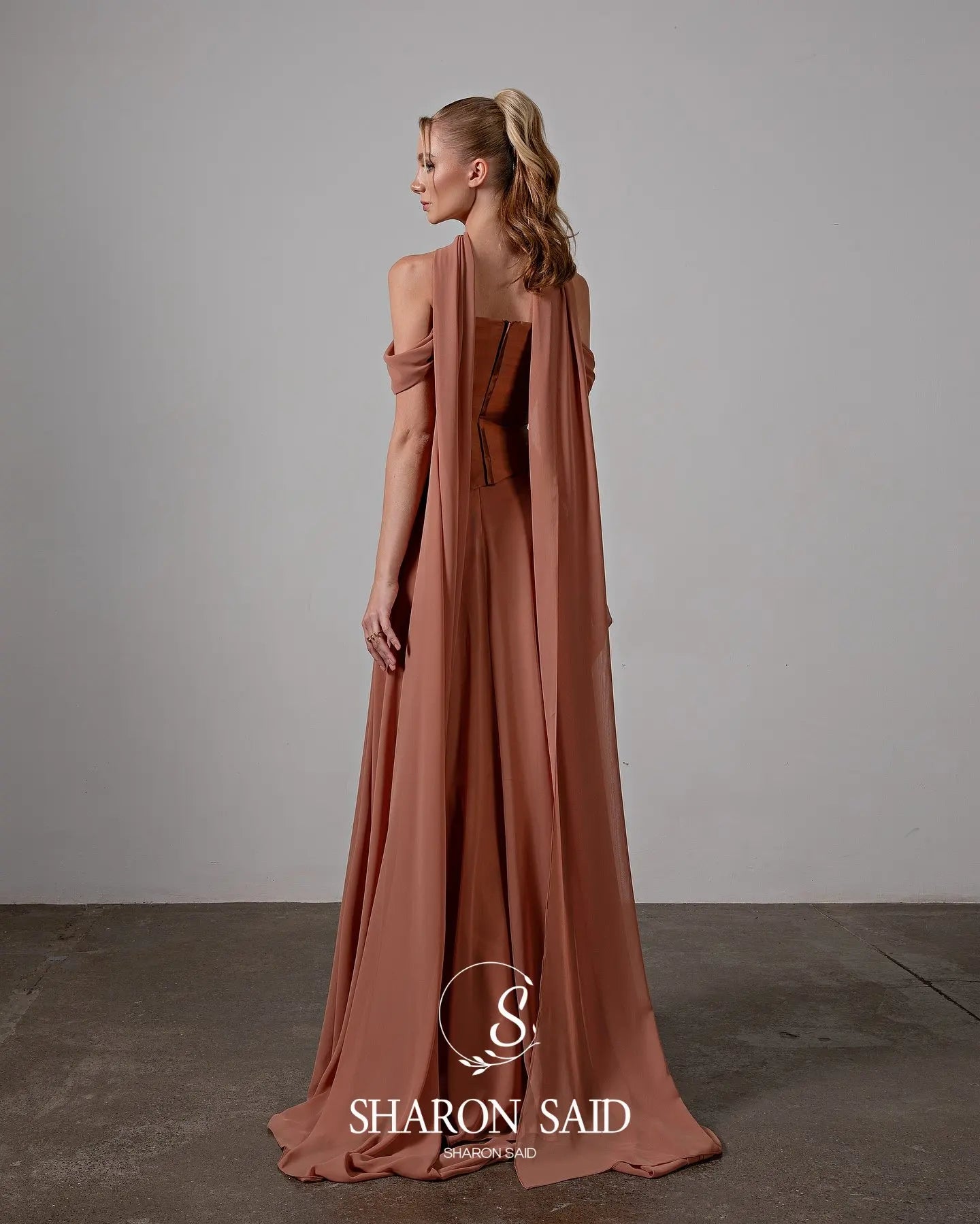 Brown Off Shoulder Chiffon Evening Gown